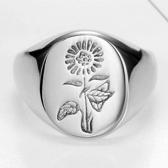Stainless Steel Sun Flower Pattern Signet Style Wedding Engagement Promise Anniv - Picture 3 of 4